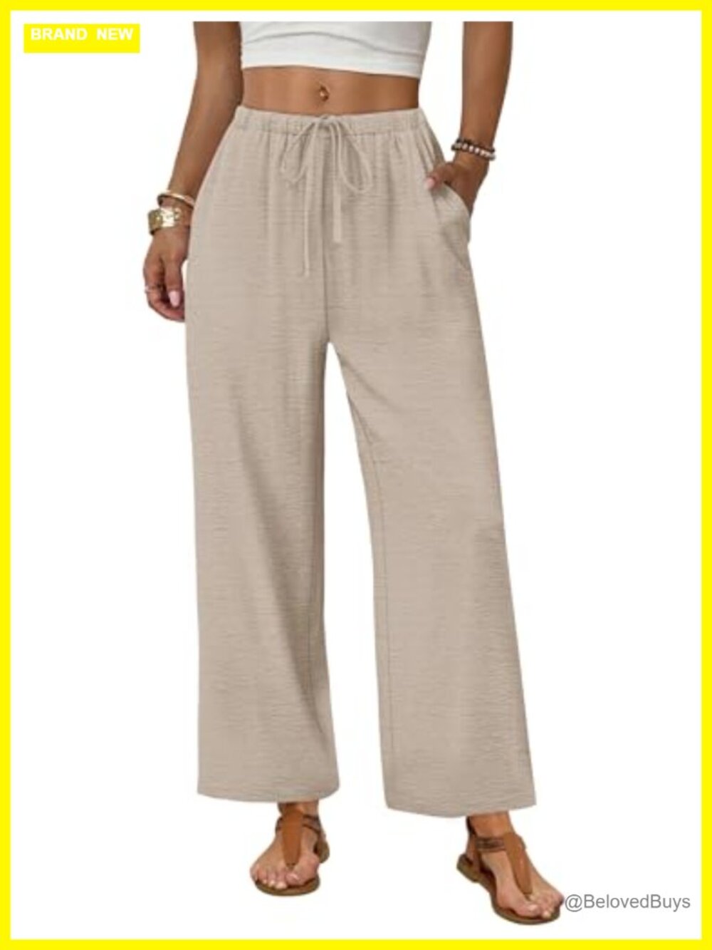 Wide Leg Palazzo Pants Drawstring Elastic Waist Pockets Summer Beach